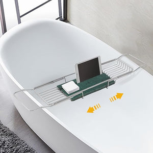 Bathtub Tray Caddy for Luxury Bath, Stainless Steel 26.8-35.4 in Expandable Extra Wide Bath Tub Tray with Natural Marble and Mobile/Tablet Stand, Ideal for Home Spa Lovers (Silver + Green)