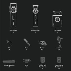 VGR 3 in 1 Professional Barber Clippers Set of Hair Clipper Trimmer Foil Shaver Cordless Haircut Kit with Upgraded Powerful Motor Integrated Charging Station LED Display Storage Box Red