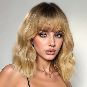 AISI HAIR Curly Bob Wig with Bangs Short Wavy Golden Blonde with Darker Roots Wigs for Women Bob Style Synthetic Heat Resistant Bob Wigs