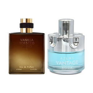 2PCS Mens Perfume Cologne Long Last Strong EDP Natural Spray Gift Set with Cocoa Dried Fruits Woody Fragrance for Daliy Use 3.4 Fl Oz / 100 mL Each (Azure Aqua &amp Vanilla Tobacco)