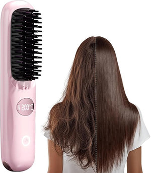 Go Brush Pro 2026 Upgraded Cordless Hair Straightener Brush Fast Heating Portable Hair Straightener Comb for Women Travel Essentials 3 Adjustable Temperature (Pink)