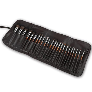 Professional Makeup Brush Set 24 Piece Premium Synthetic Hair Brushes with Leather Case Grey and Wood Handle for Face Cheek Eye Makeup Application