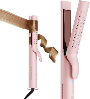 TYMO Airflow 2.0 Curling Iron Flat Iron - Hair Straightener and Curler 2 in 1 1.25 Inch Curling Wand for Long Short Hair Dual Voltage for Travel 54 Million Ionic Anti-Tangle 5 Temps Pink