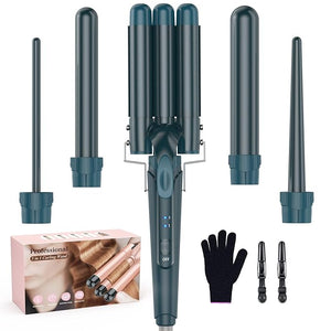 Waver Curling Iron Wand - BESTOPE PRO 5 in 1 Curling Wand Set with 3 Barrel Hair Crimper for Women Fast Heating Crimper Wand Curler in All Hair Type - Green