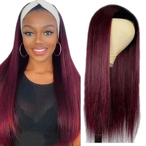Ombre 1B99J Straight Headband Wig Burgundy Human Hair Headband Wig 130% Density Grade 8A Brazilian Remy Hair Machine Made Wigs Wine Red Color 12 Inch