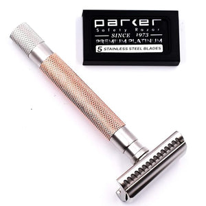 Parker Semi-Slant Safety Razor ? Rose Gold Finish | Elegant DE Razor for Women &amp Men with Sensitive Skin | Slanted Head + 5 Parker Blades for Smooth Results | Iconic Brand