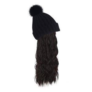 Women Winter Beanie Hat with Wig Big Wavy Curly Hair Extensions Knit ski Snow Cap Attached Party Daily Weddings Wig