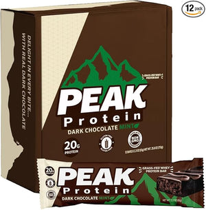 PEAK PROTEIN BARS - Dark Chocolate Mint - Natural - Grass-Fed Whey - 20G Protein - Non GMO - Gluten Free - Real Dark Chocolate (12 Pack)
