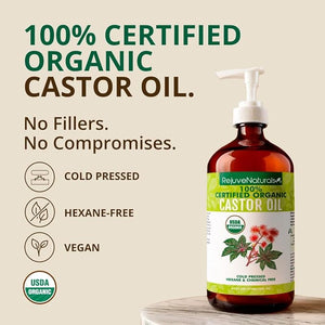 RejuveNaturals Castor Oil (16oz Glass Bottle) USDA Certified Organic 100% Pure Cold Pressed Hexane Free. Boost Hair Growth for Thicker Fuller Hair Lashes &amp Eyebrows.