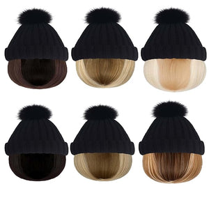 Women Caps with Hair Knit Beanie Cap with Extensions Short Straight Hairstyle Hat Wigs Winter Knitted hat bob Wig