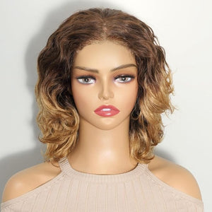 Karlami Highlight Ombre Short Glueless Wigs Human Hair T Brown/27 Short Wavy Wig 12 Inch Lace Front Wigs Human Hair pre plucked 4x4 HD Closure Wigs 180% Density (T Brown/27 Ombre Color 12 inches)