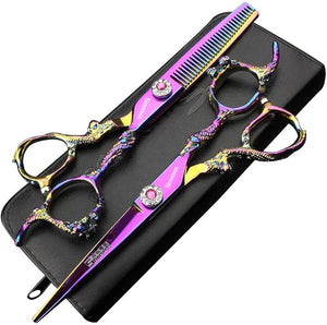 6 inch 440c purple professional hairdressing scissors barber shop hairdresser hair cutting and thinning tool (Full set) (6 inch 2PC-A)