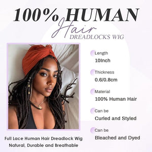 DAIXI Full Lace Human Hair Dreadlock Wigs for Men and Women 68 Strands Handmade Natural Dreads Interlocked with Afro Hair on Breathable and Comfortable Locs Lace Wig (1B, 0.6cm, 10 Inch Dreadlocks)