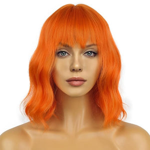 Wavy Wig With Bangs Women's Short Orange Wigs Curly Wavy Bob Synthetic Cosplay Wig for Girls Daily Use Halloween Wigs(12 Orange)