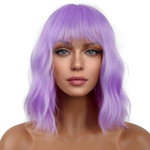 Short Bob Wigs with Bangs for Women Loose Wavy Wig Curly Wavy Shoulder Length Bob Synthetic Cosplay Wig for Girl Colorful Costume Wigs (Purple)