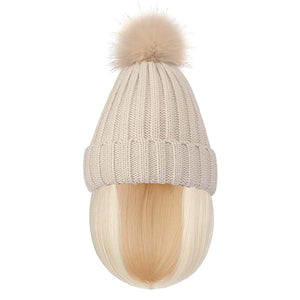 Women Caps with Hair Knit Beanie Cap with Extensions Short Straight Hairstyle Hat Wigs Winter Knitted hat bob Wig