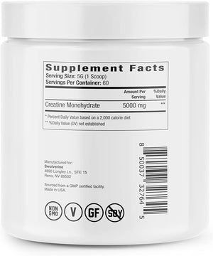 Swolverine¢ç Creatine Monohydrate Powder ? 60 Servings | 100% Pure Micronized Creatine for Muscle Strength Power &amp Recovery