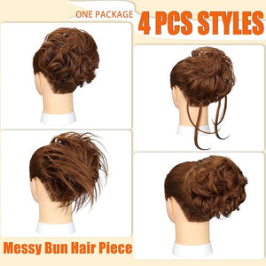 Qunlinta 4 PCS Messy Hair Bun Hairpiece Tousled Updo for Women Hair Extension Claw Ponytail Scrunchies with Elastic Rubber Band Long Updo Messy Hairpiece Hair Accessories for Women