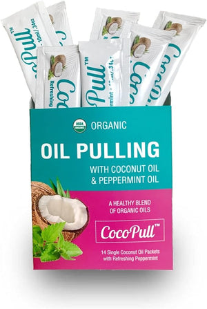 CocoPull USDA Organic Oil Pulling 14 Sachets Coconut Oil Pulling with Peppermint Oil for Healthy Teeth Gums Fresh Breath &amp Oral Care Natural Teeth Whitening Non-GMO
