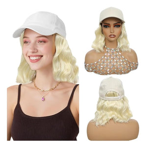 GUOJIAN Hat Wigs for Women 6' Short Wave Baseball Cap Wigs with Curly Hair Extensions Synthetic Wave Wig Adjustable Hat with Hair Attached for Daily Use (W60 6inch)