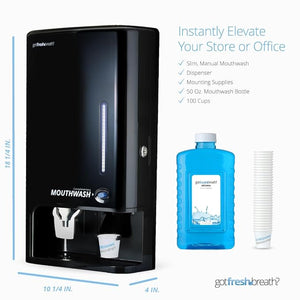 GotFreshBreath Commercial Mouthwash Dispenser with Cup Holder ? Standing or Wall-Mounted Slim Commercial Mouthwash Dispenser with 100 Cups &amp 50 Oz. Alcohol-Free Mouthwash (Black)¡¦