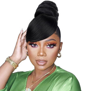 SWIRL BUN BANG SET 2PCS - Quick Medium Size China Bun with Swoop Side Bang Updo Black Chignon Bun Clip in Hairpiece for Black Women(JS8-X 1B#)