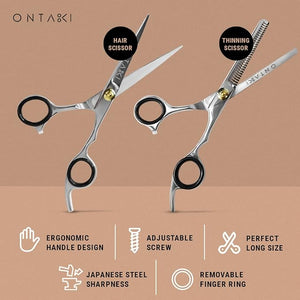 Ontaki Hair Shears &amp Thinning Scissors Kit - 7-Inch Silver Japanese Steel - Precision Hair Cutting Scissors for Professionals &amp Home Stylists with Styling Comb &amp Pouch