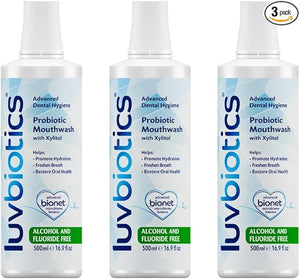 Luv Biotics Fluoride Free Mouthwash with Oral Probiotics Xylitol &amp Aloe Vera -3 x 500ml