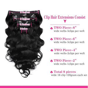 30Inch Clip in Hair Extensions Real Human Hair Body Wave 8Pcs Brazilian Human Hair Clip in Extensions with 18Clips Double Lace Weft 120g #1B Natural Black