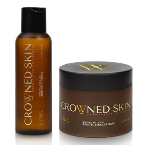 Crowned Skin King Body Butter Cologne and Body Oil Cologne Bundle | New Moisturizing Formula | Skin Care Set with Warm Sandalwood &amp Leather Scent | Natural Shea &amp Mango Butter | All-Day Fragra