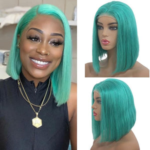 14inch Human Hair Lace Front Wigs Bleached Knots 180% Density Silky Straight Lake Blue Short Bob Wig Pre Plucked Natural Hairline 13¡¿4 Swiss Lace Middle Part Colored Teal blue Bob Wigs for Women
