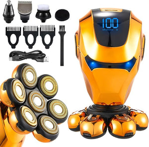 Electric 7D Head Shaver for Bald Men 5-in-1 Rotary Shavers Grooming Kit with Nose Hair Trimmer Hair Trimmer Wet-Dry Waterproof LED Display Electric Razor Rechargeable Type-C Charge (Gold)