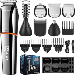 PRITECH Beard Trimmer for Men,6 in 1 Hair Clippers Kit, Precision Cordless Grooming Kit Waterproof IPX6 for Beard, Hair, Body, Nose, Ear, with Foil Razor (Silver)