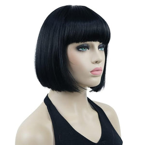 Lydell 8 Straight Short Bob Hair Flat Bangs Cute Central Dot Skin Top Heat Resistant Synthetic Wigs (Black)