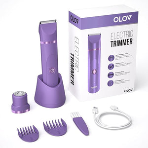 OLOV Electric Body Hair Trimmer - Groin Trimmer for Men - Bikini Trimmer Women - Wet/Dry Shaver Groomer Replaceable Ceramic Blade Heads USB Recharge Dock Waterproof Hygiene Razor Bright Purple