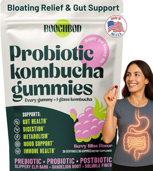 Probiotic Kombucha Gummy - Prebiotics Probiotics Postbiotics Fiber Supplement Slippery Elm Dandelion Root MCT Oil for Bloating Gut Health - Probiotics for Women and Men