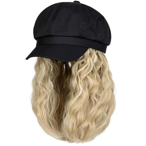YEKEYI Beret Hat with Hair Newsboy Cap with Bob Hair Extensions Hat Wig Visor Beret Short Curly Wavy Hairpiece for Women