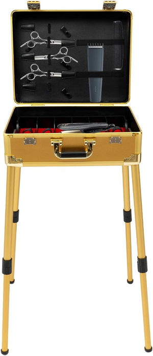 VIP Mobile Barber Case - Gold with Built-in Speakers TSA Locks Removable/Adjustable Legs for Convenience