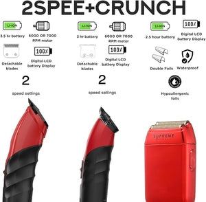 Supreme Trimmer 3-in-1 Barber Bundle | 2Spee Clipper, 2Spee Trimmer &amp; Crunch Foil Shaver | Professional Beard Trimmer Men¡¯s Hair Clipper Kit | Red