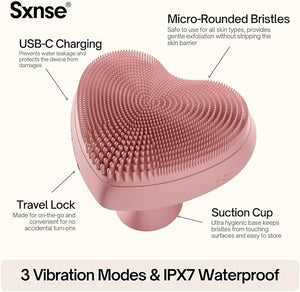 Heart Face Clean Pro? Electric Facial Cleansing Brush - Silicone Facial Scrubber for Acne - IPX7 Waterproof Rechargeable Exfoliator with Slip-Free Grip &amp 3 Speed Settings - Phthalate-Free - Rose