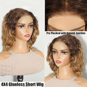 Karlami Highlight Ombre Short Glueless Wigs Human Hair T Brown/27 Short Wavy Wig 12 Inch Lace Front Wigs Human Hair pre plucked 4x4 HD Closure Wigs 180% Density (T Brown/27 Ombre Color 12 inches)