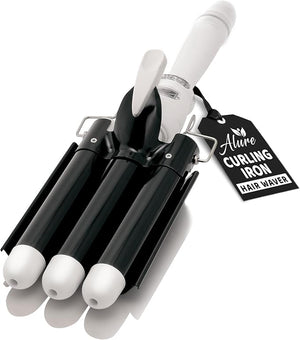 Alure Three Barrel Curling Iron Wand Hair Waver with LCD Temperature Display - 1 Inch Ceramic Tourmaline Triple Barrels Dual Voltage Crimp (Black/White)