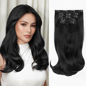ALXNAN Hair Extensions 4PCS Clip in Hair Extensions16 Inches Black Long Wavy Natural Soft Synthetic Hairpieces for Women