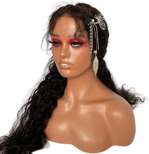 Realistic Female Mannequin Head with Shoulder Manikin PVC Head Bust Wig Head Stand with Makeup for Wigs Necklace Earrings Light Brown with Red Eye Shadow