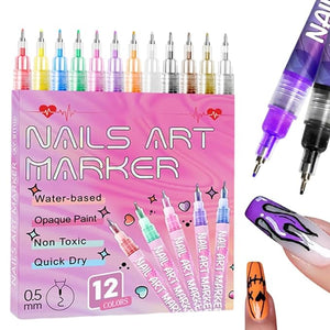 12 Colors Nail Art Pens Set for Painting Nails, 0.5 MM Nail Art Markers Fine Tip Polish Pens for 3D Nail Art, Nail Design Tools Gel Nails Doodle Pens for Drawing Point Liner (A- 1 Set)
