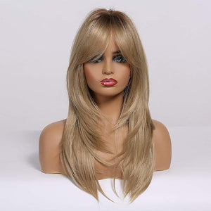 Heat Resistant Wigs Human Hair Mixed Synthetic Long Layered Black Blonde Highlights with Bangs for Women Party Cosplay