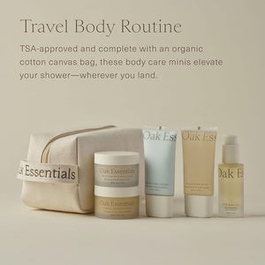 Oak Essentials Travel Body Routine | TSA-Friendly Mini Body Care Set with Wash Scrub Lotion Oil &amp Balm + Linen Travel Bag