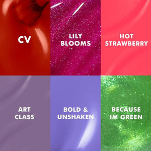 Olive &amp; June Bolds Long Lasting Nail Polish Set | Includes 6 Shades (Bold &amp; Unshaken, Art Class, Because I'm Green, Lily Blooms, CV, Hot Strawberry) + Top Coat | Vegan, Cruelty-Free | Salon-Qu