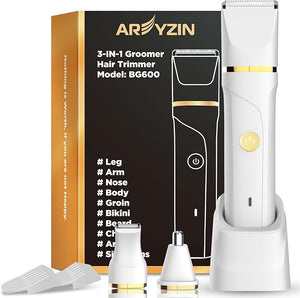 AREYZIN Bikini Trimmer for Women Painless Electric Razor for Women,3 in 1 Pubic Hair Trimmer,USB Recharge Dock,Replaceable Ceramic Blade Heads,IPX7,White