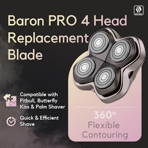 Skull Shaver Baron PRO 4 Head Replacement Blade - Shaver Blade for Wet &amp; Dry Shaving - Rotary Heads Design - Japanese Stainless Steel - Compatible with Pitbull, Palm &amp; Butterfly Kiss Shavers